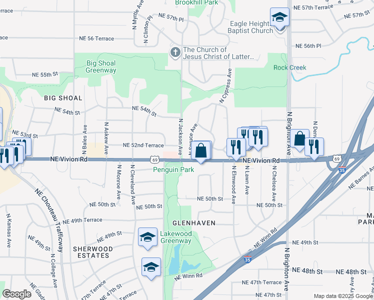 map of restaurants, bars, coffee shops, grocery stores, and more near 5218 North Spruce Avenue in Kansas City