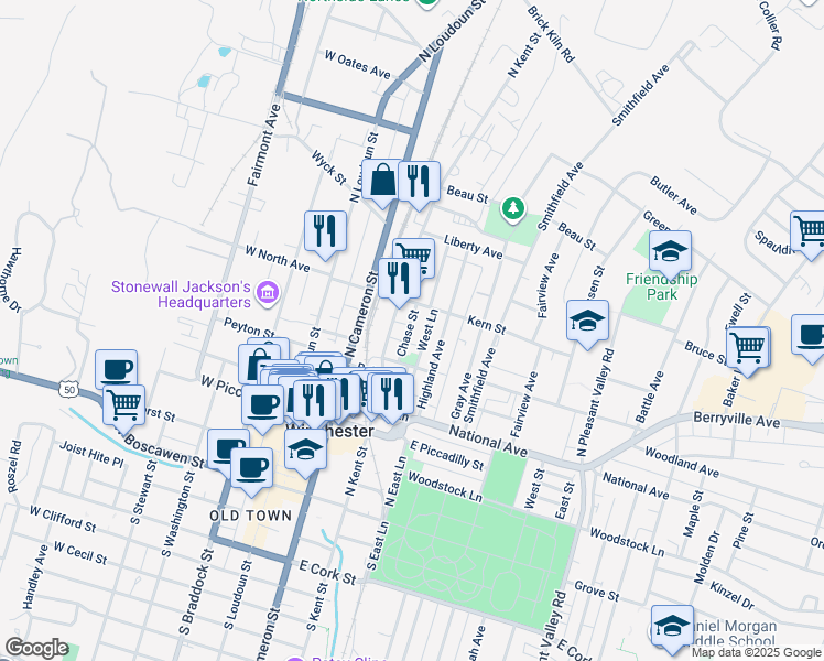 map of restaurants, bars, coffee shops, grocery stores, and more near 434 Chase Street in Winchester