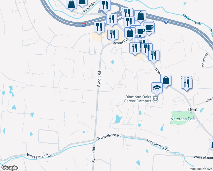 map of restaurants, bars, coffee shops, grocery stores, and more near 6648 Hearne Road in Cincinnati