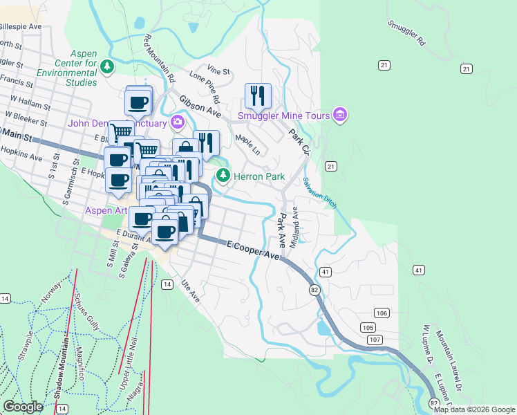 map of restaurants, bars, coffee shops, grocery stores, and more near 979 Queen Street in Aspen