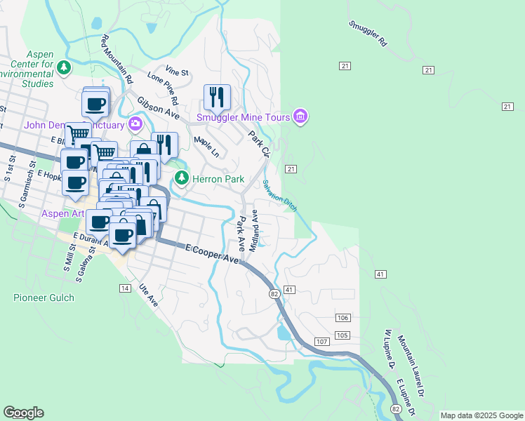 map of restaurants, bars, coffee shops, grocery stores, and more near 336 Midland Avenue in Aspen