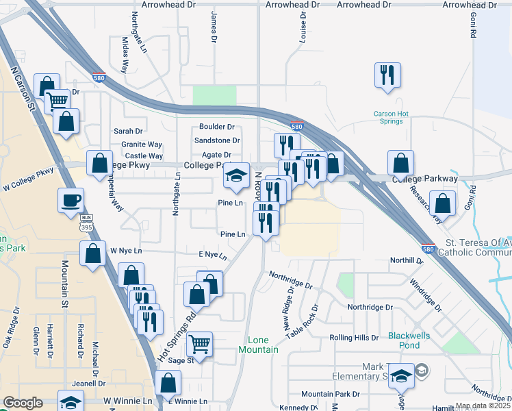 map of restaurants, bars, coffee shops, grocery stores, and more near 3380 North Roop Street in Carson City