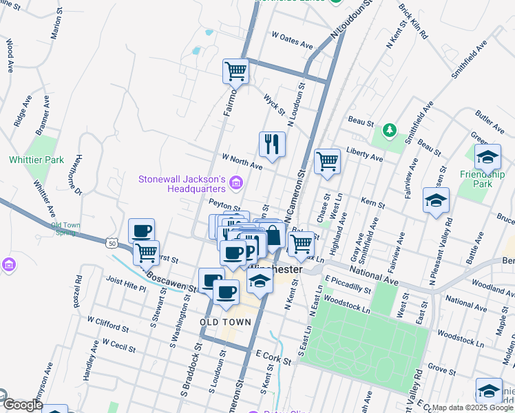 map of restaurants, bars, coffee shops, grocery stores, and more near 414 North Braddock Street in Winchester
