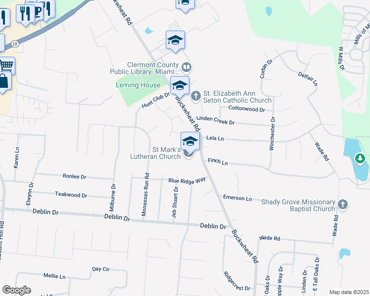 map of restaurants, bars, coffee shops, grocery stores, and more near 5853 Buckwheat Road in Milford
