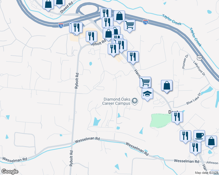 map of restaurants, bars, coffee shops, grocery stores, and more near 5217 Eaglesnest Drive in Cincinnati