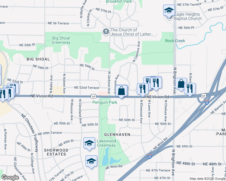 map of restaurants, bars, coffee shops, grocery stores, and more near 5218 North Spruce Avenue in Kansas City