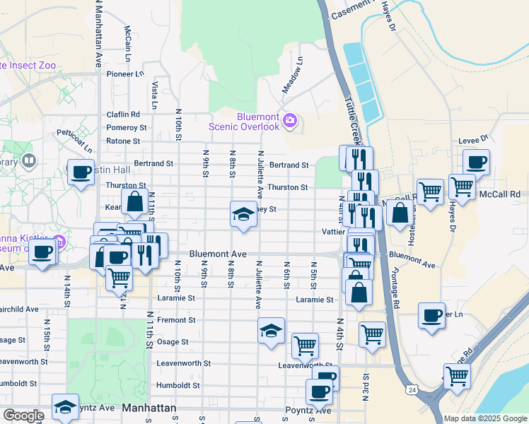 map of restaurants, bars, coffee shops, grocery stores, and more near 1003 North Juliette Avenue in Manhattan