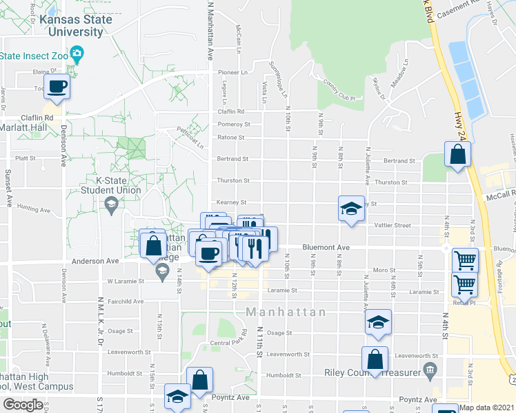 map of restaurants, bars, coffee shops, grocery stores, and more near 1030 Kearney Street in Manhattan