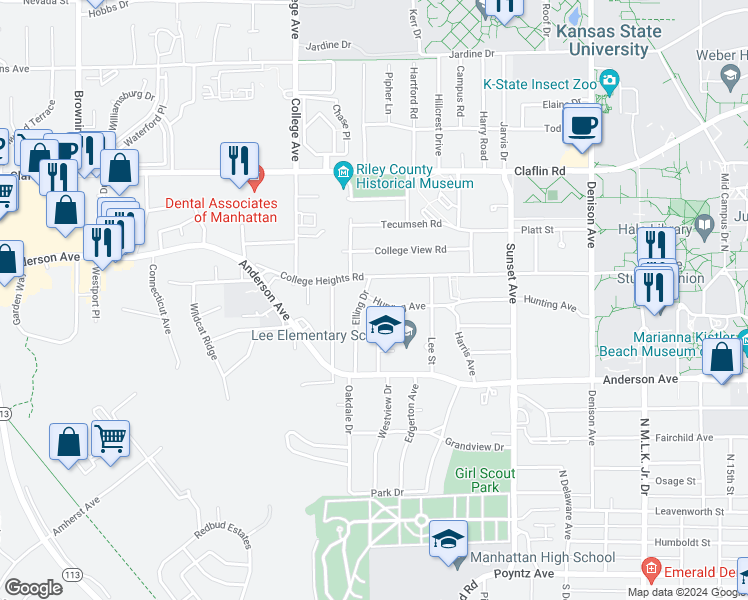 map of restaurants, bars, coffee shops, grocery stores, and more near 765 Elling Drive in Manhattan
