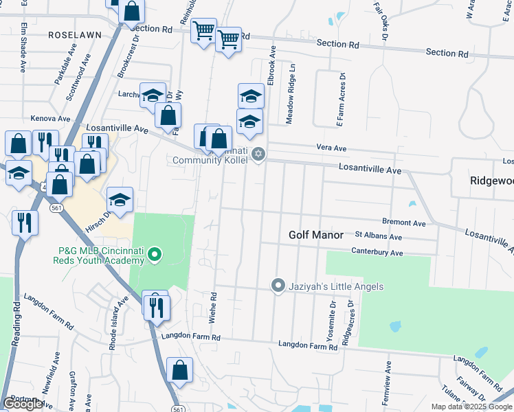 map of restaurants, bars, coffee shops, grocery stores, and more near 6419 Elbrook Avenue in Cincinnati