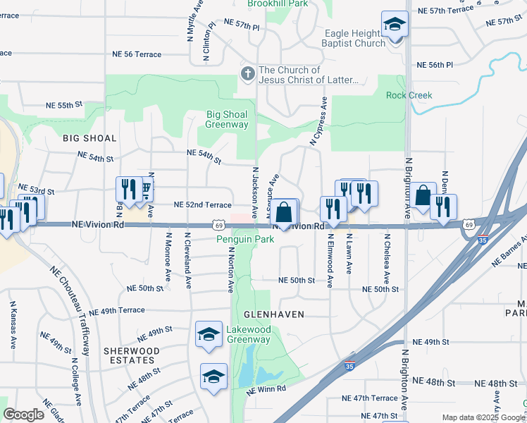 map of restaurants, bars, coffee shops, grocery stores, and more near 5218 North Spruce Avenue in Kansas City