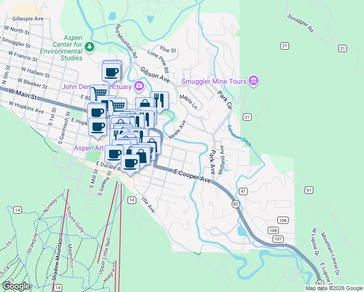 map of restaurants, bars, coffee shops, grocery stores, and more near 898 East Hopkins Avenue in Aspen
