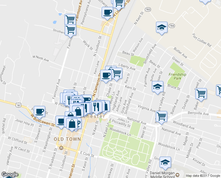 map of restaurants, bars, coffee shops, grocery stores, and more near 434 Chase Street in Winchester