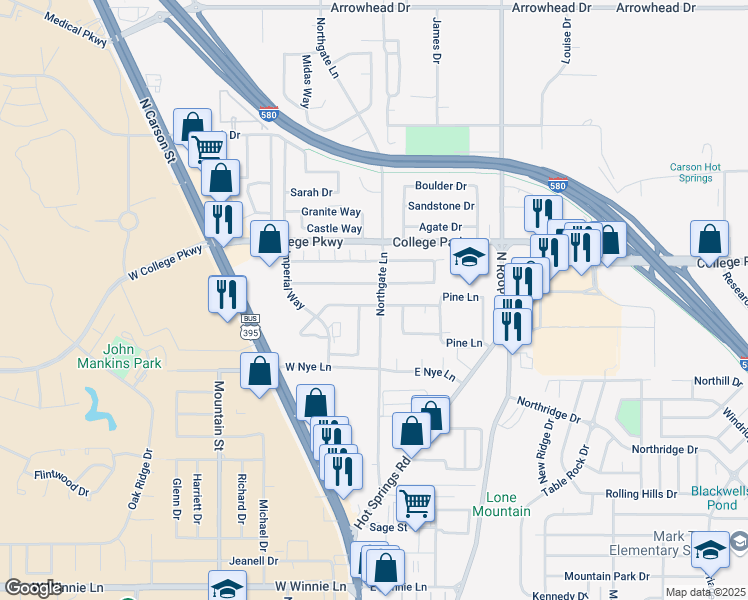 map of restaurants, bars, coffee shops, grocery stores, and more near 3320 Northgate Lane in Carson City