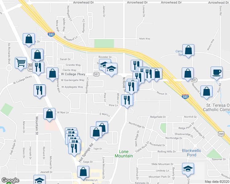 map of restaurants, bars, coffee shops, grocery stores, and more near 700 Hot Springs Road in Carson City