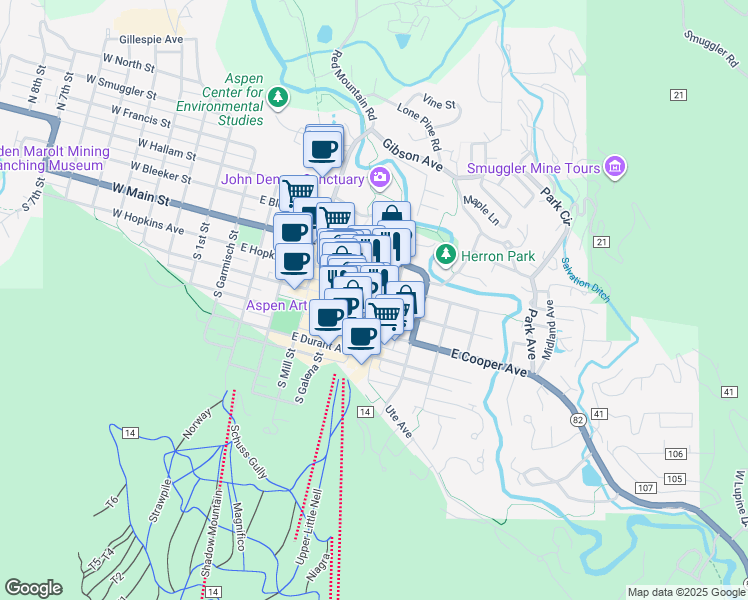 map of restaurants, bars, coffee shops, grocery stores, and more near 623 East Hopkins Avenue in Aspen