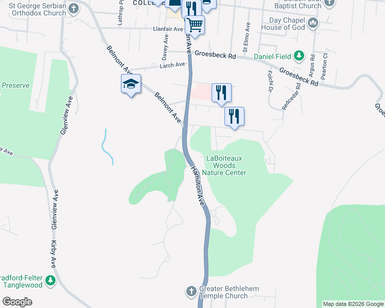 map of restaurants, bars, coffee shops, grocery stores, and more near 5424 Hamilton Avenue in Cincinnati