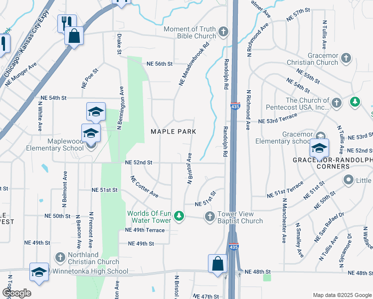 map of restaurants, bars, coffee shops, grocery stores, and more near 5212 North Bristol Avenue in Kansas City