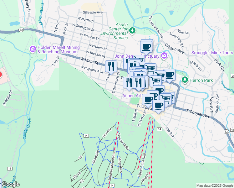 map of restaurants, bars, coffee shops, grocery stores, and more near 311 South Aspen Street in Aspen