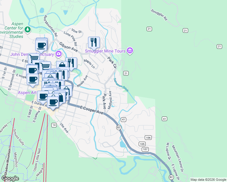 map of restaurants, bars, coffee shops, grocery stores, and more near 336 Midland Avenue in Aspen