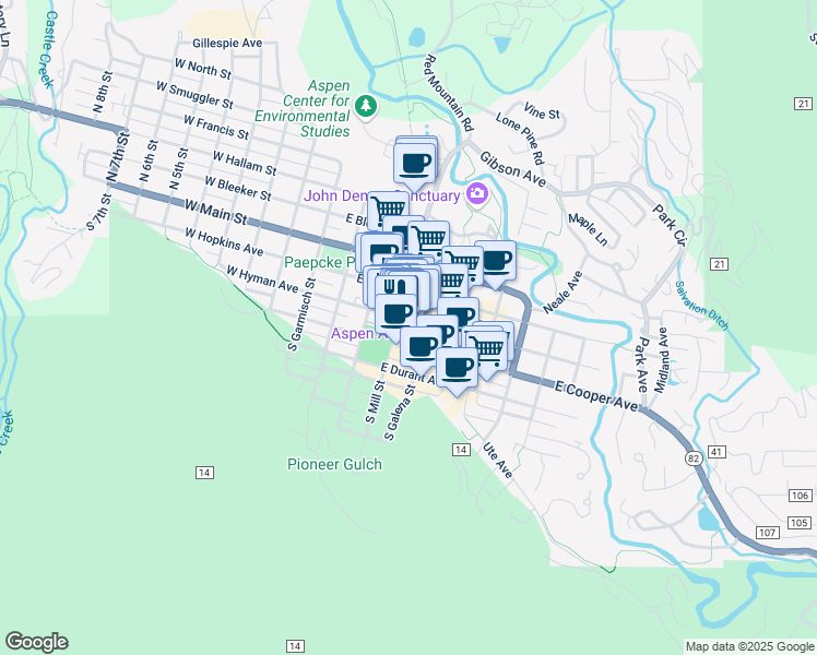 map of restaurants, bars, coffee shops, grocery stores, and more near 413 East Hyman Avenue in Aspen