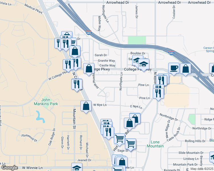 map of restaurants, bars, coffee shops, grocery stores, and more near 270 West Hampton Drive in Carson City