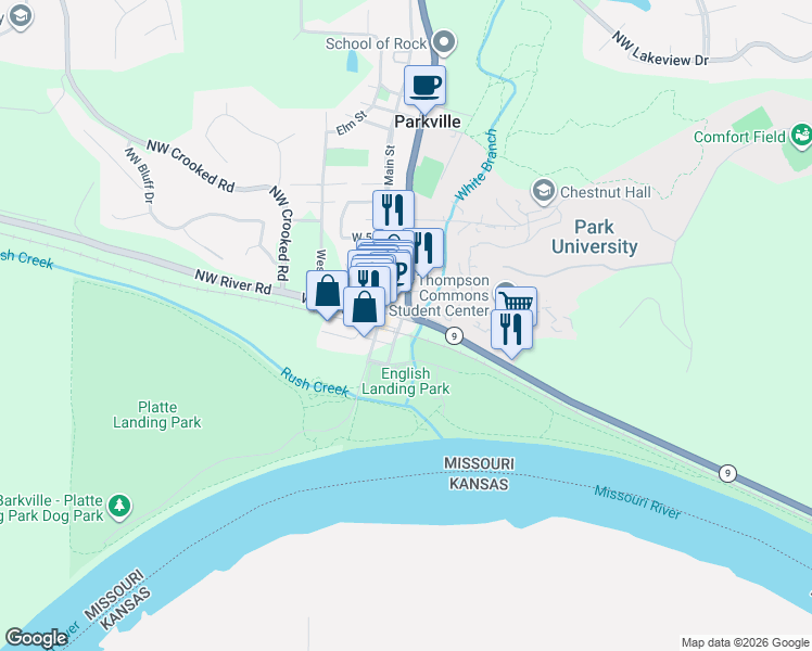 map of restaurants, bars, coffee shops, grocery stores, and more near 101 East 1st Street in Parkville