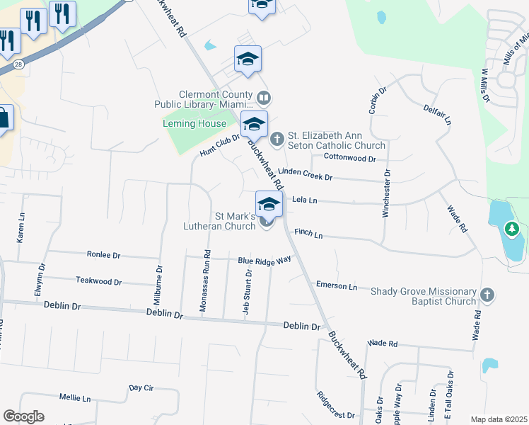 map of restaurants, bars, coffee shops, grocery stores, and more near 5853 Buckwheat Road in Milford