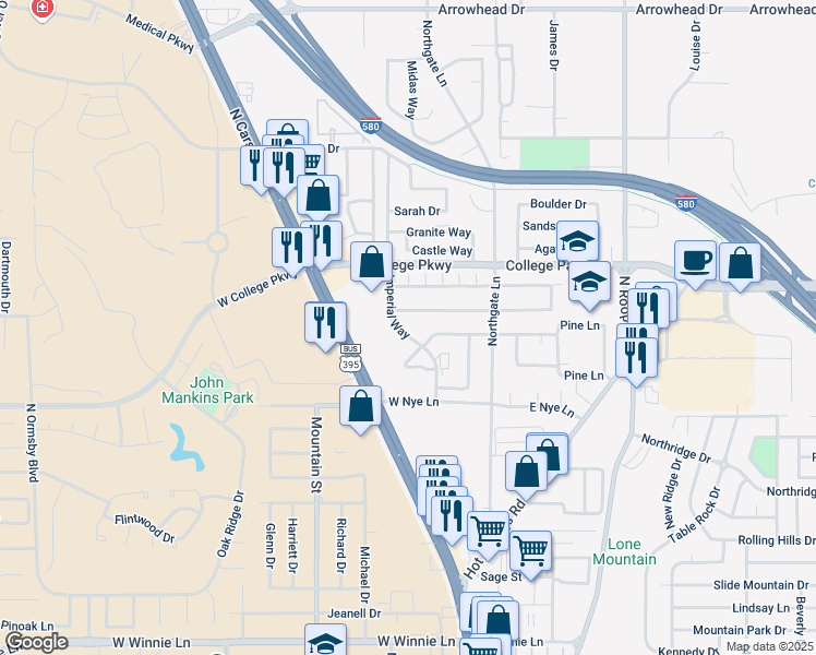 map of restaurants, bars, coffee shops, grocery stores, and more near 315 West Applegate Way in Carson City