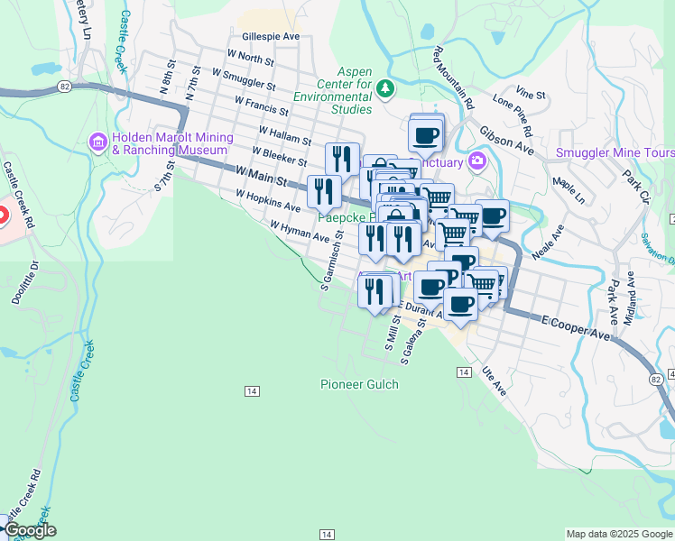 map of restaurants, bars, coffee shops, grocery stores, and more near 120 West Cooper Avenue in Aspen