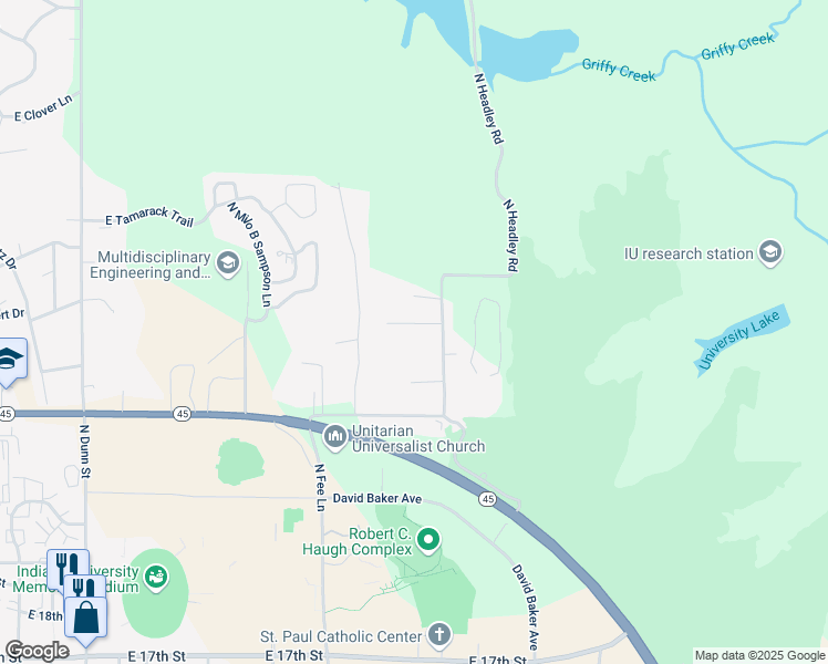 map of restaurants, bars, coffee shops, grocery stores, and more near 1630 East Maplecrest Drive in Bloomington