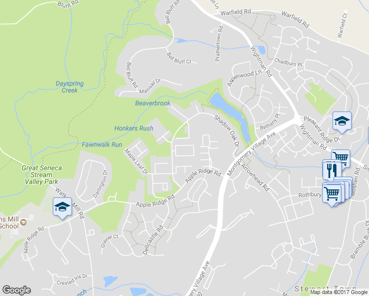 map of restaurants, bars, coffee shops, grocery stores, and more near 9920 Brookridge Court in Gaithersburg