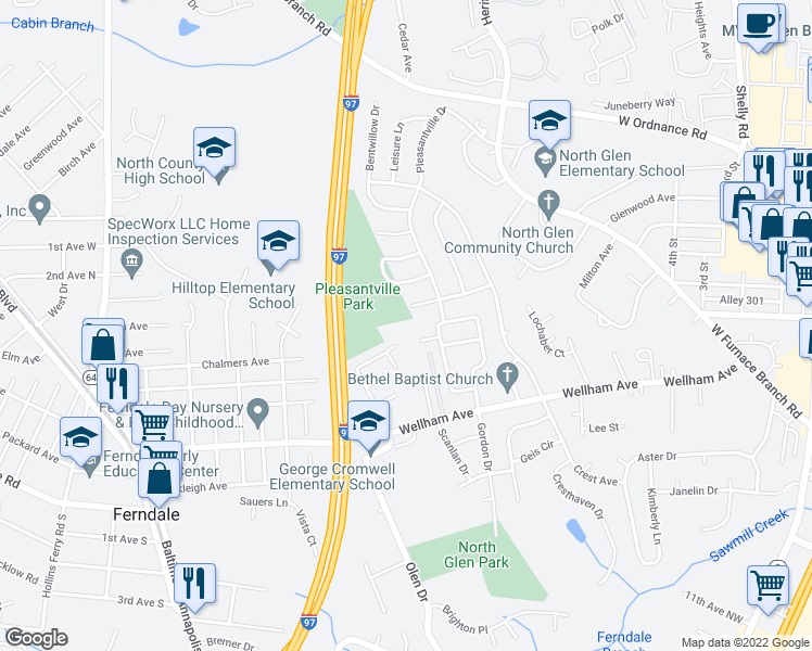 map of restaurants, bars, coffee shops, grocery stores, and more near 1006 Little Baer Court in Glen Burnie