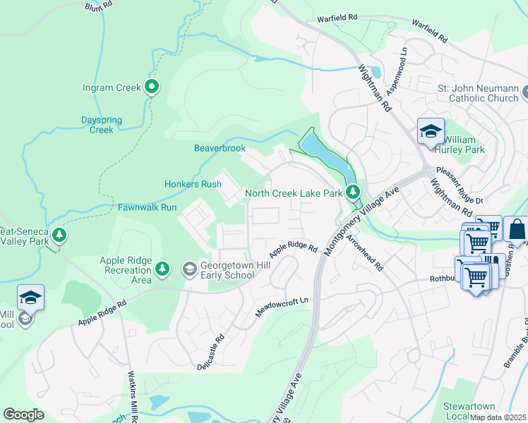 map of restaurants, bars, coffee shops, grocery stores, and more near 9922 Brookridge Court in Gaithersburg