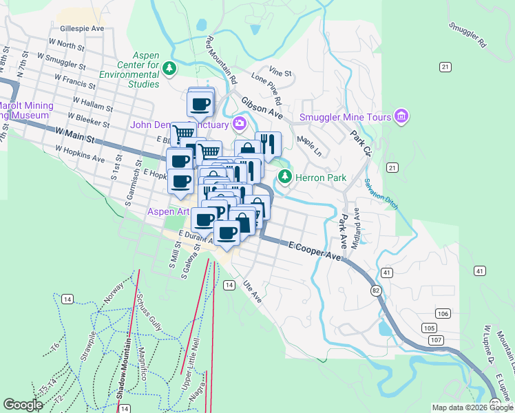 map of restaurants, bars, coffee shops, grocery stores, and more near 730 East Hopkins Avenue in Aspen