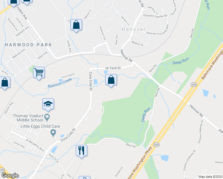 map of restaurants, bars, coffee shops, grocery stores, and more near 7410 Coca Cola Drive in Hanover