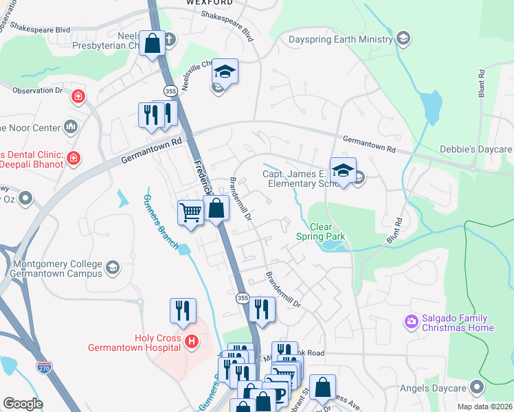 map of restaurants, bars, coffee shops, grocery stores, and more near 11411 Berland Place in Germantown