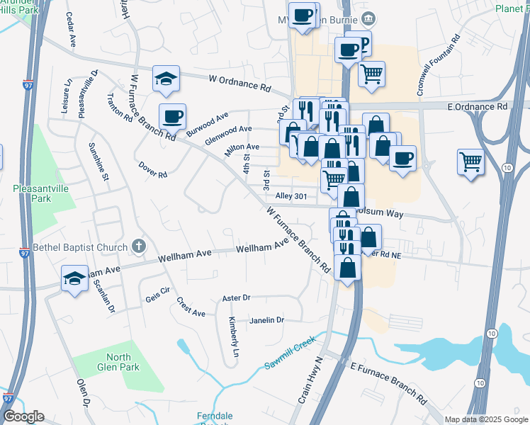 map of restaurants, bars, coffee shops, grocery stores, and more near 114 West Furnace Branch Road in Glen Burnie