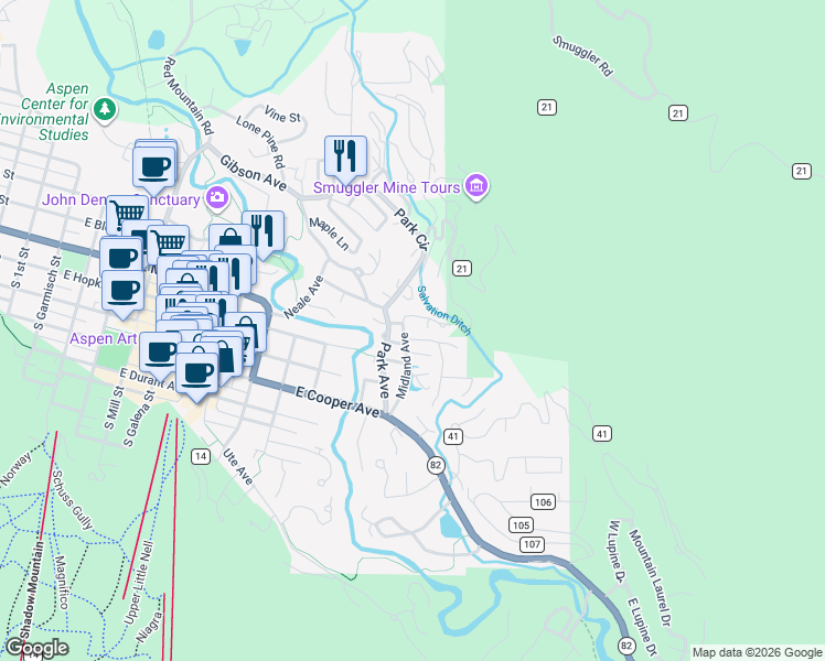 map of restaurants, bars, coffee shops, grocery stores, and more near 336 Midland Avenue in Aspen