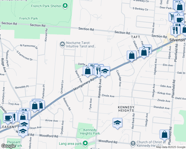 map of restaurants, bars, coffee shops, grocery stores, and more near 6545 Iris Avenue in Cincinnati