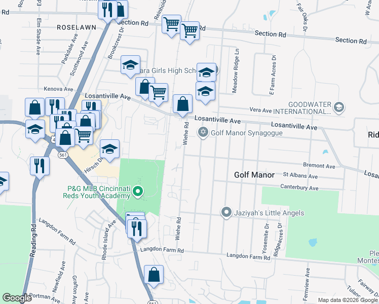 map of restaurants, bars, coffee shops, grocery stores, and more near 6415 Stover Avenue in Cincinnati