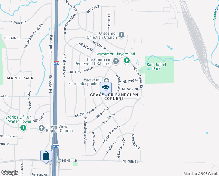 map of restaurants, bars, coffee shops, grocery stores, and more near 5125 North Sycamore Drive in Kansas City
