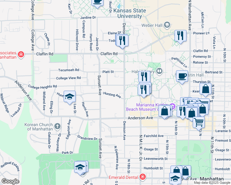 map of restaurants, bars, coffee shops, grocery stores, and more near 1825 College Heights Road in Manhattan