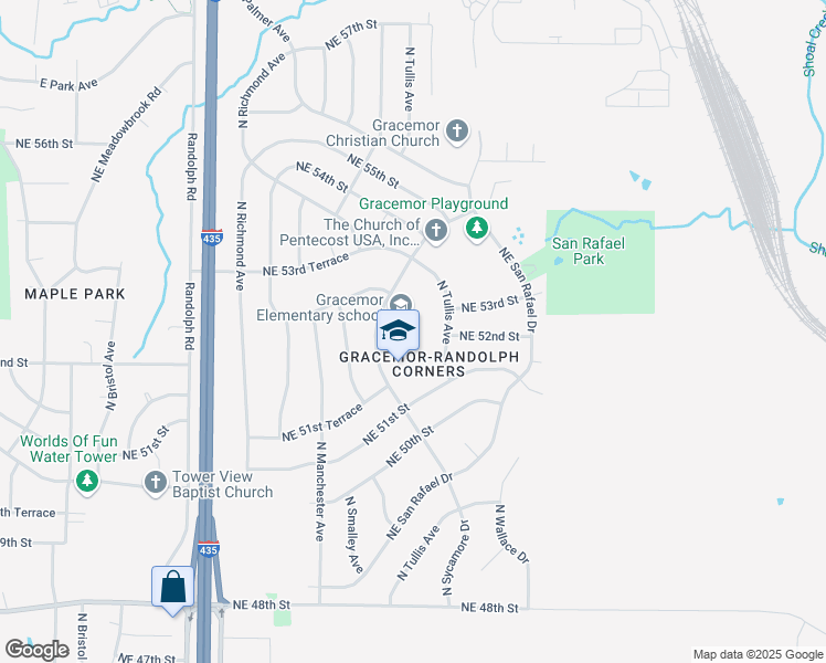 map of restaurants, bars, coffee shops, grocery stores, and more near 5125 North Sycamore Avenue in Kansas City