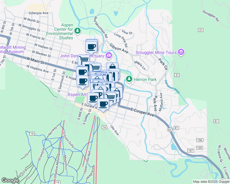 map of restaurants, bars, coffee shops, grocery stores, and more near 623 East Hopkins Avenue in Aspen