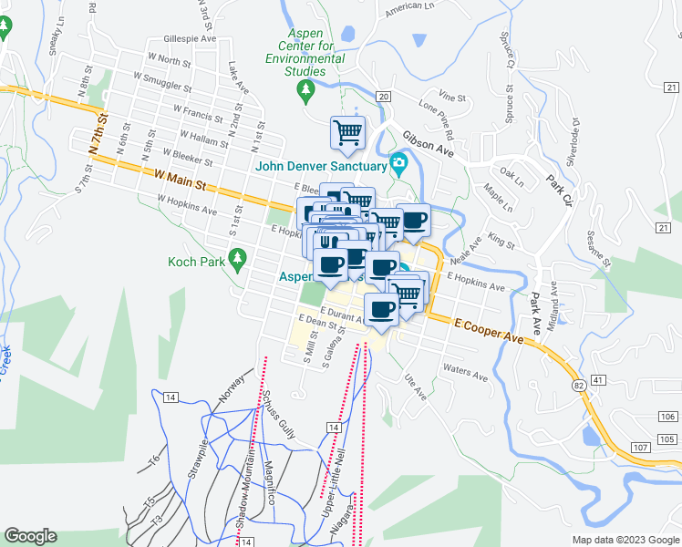 map of restaurants, bars, coffee shops, grocery stores, and more near 413 East Hyman Avenue in Aspen