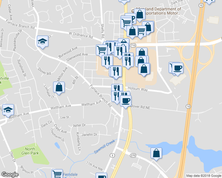 map of restaurants, bars, coffee shops, grocery stores, and more near 103 Wellham Avenue Northwest in Glen Burnie