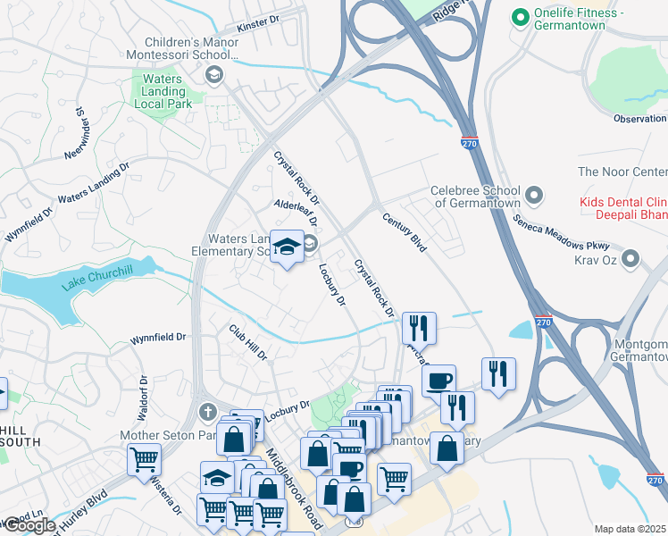 map of restaurants, bars, coffee shops, grocery stores, and more near 20301 Waters Row Terrace in Germantown