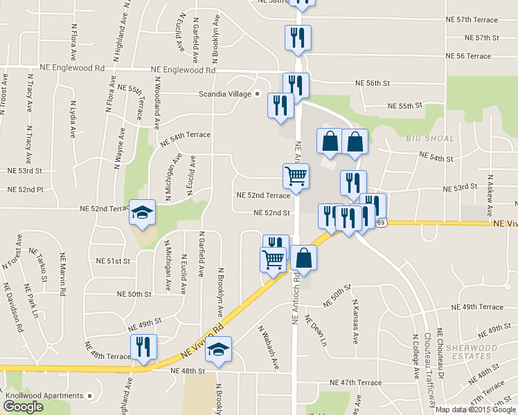 map of restaurants, bars, coffee shops, grocery stores, and more near 2404 Northeast 52nd Street in Kansas City