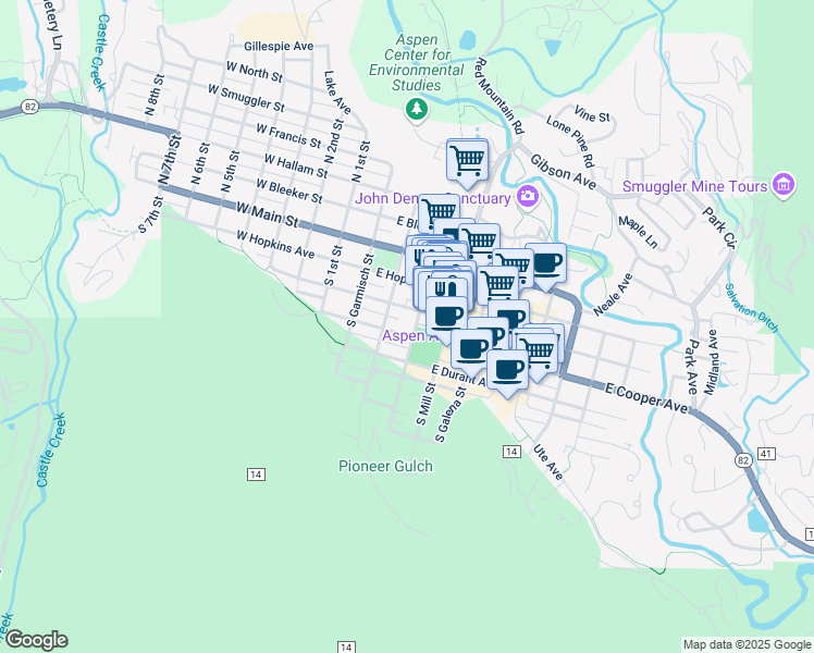 map of restaurants, bars, coffee shops, grocery stores, and more near 355 South Monarch Street in Aspen